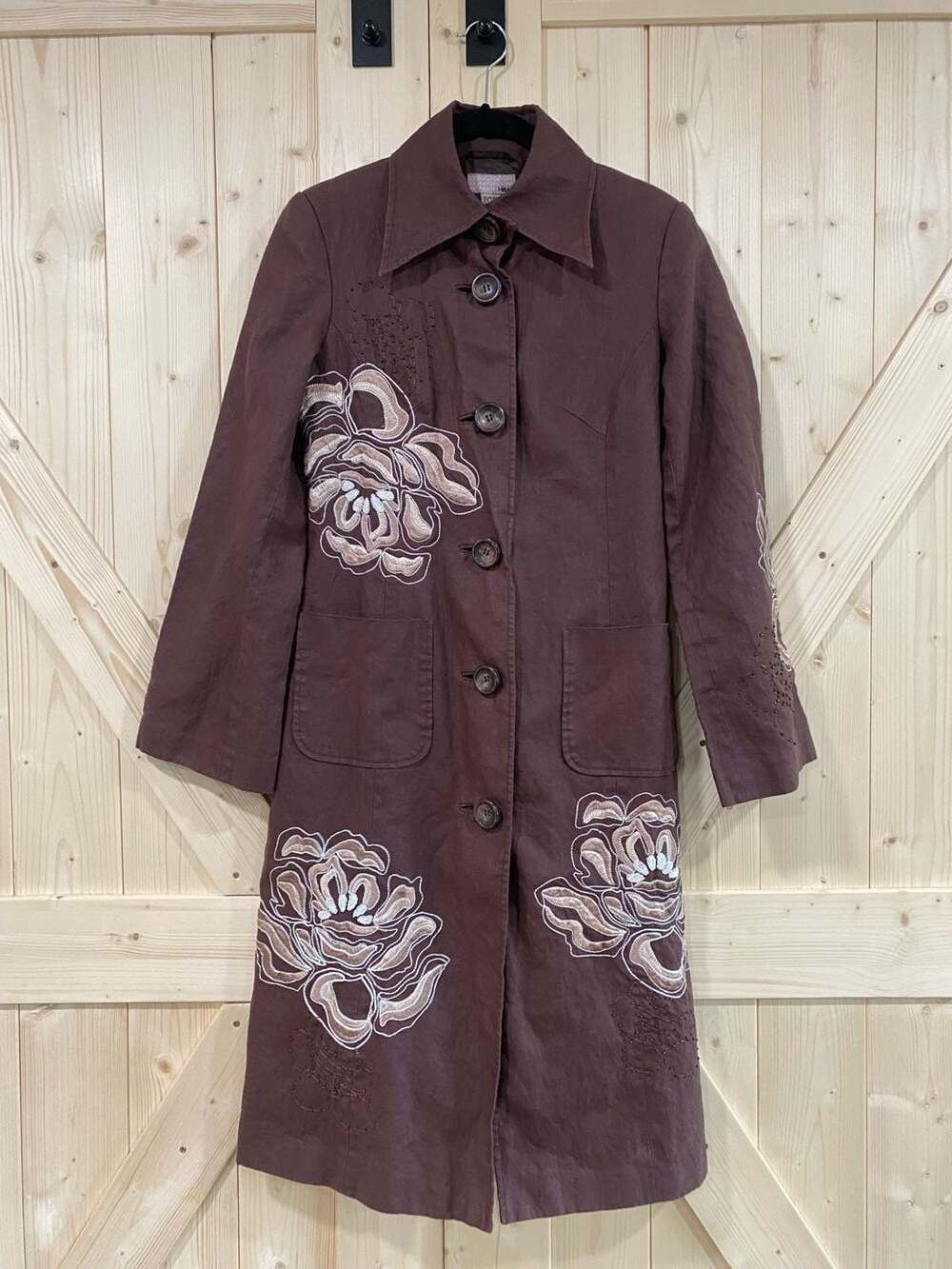H&M Floral Embroidered Long Coat Size US 6 Brown Linen Trench Jacket